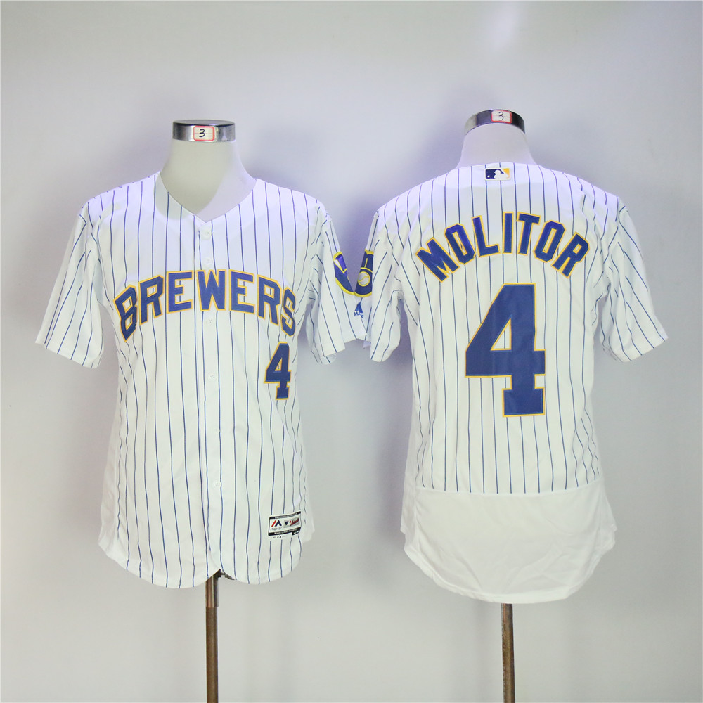 Men Milwaukee Brewers 4 Molitor White stripe MLB Jerseys